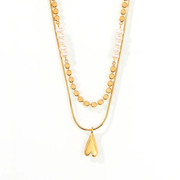 Stacked Wind Jewelry Freshwater Pearl Round Beaded Love Pendant Copper Necklace With Geometric Design And Electroplating