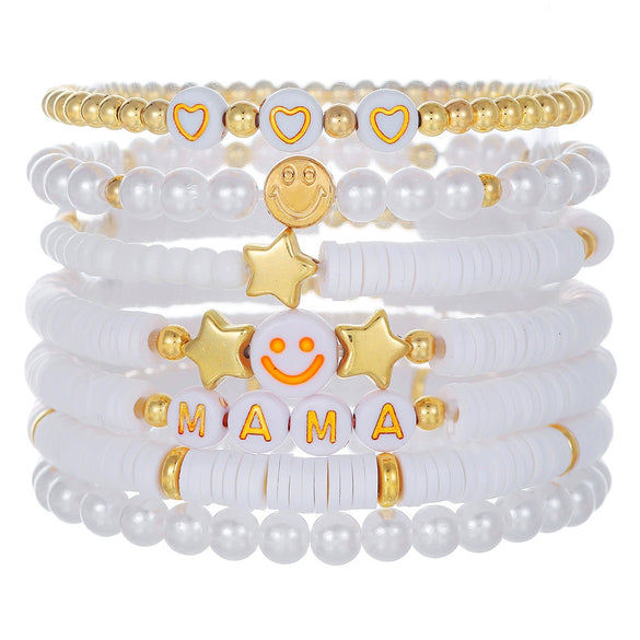 Stacking Bracelet Set Polymer Clay Handmade Geometric Style Colorful Soft Oil Dripping White Smiley Face Bohemian