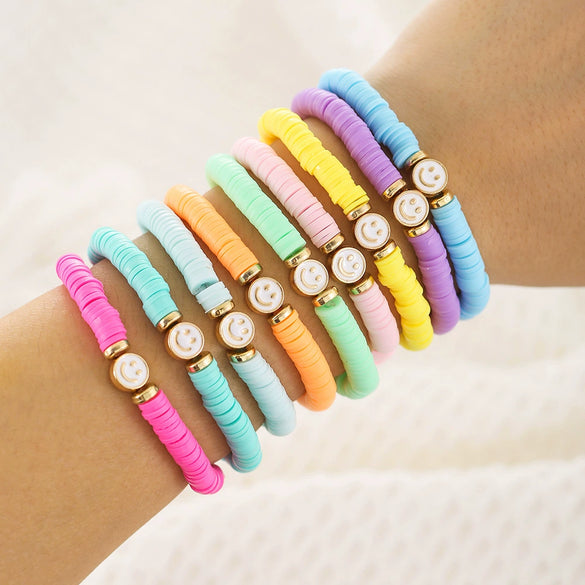 Stacking Bracelet Set Polymer Clay Handmade Geometric Style Colorful Soft Oil Dripping White Smiley Face Bohemian