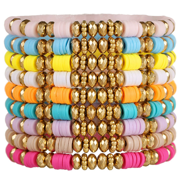 Stacking Bracelet Set Polymer Clay Handmade Geometric Style Colorful Soft Oil Dripping White Smiley Face Bohemian