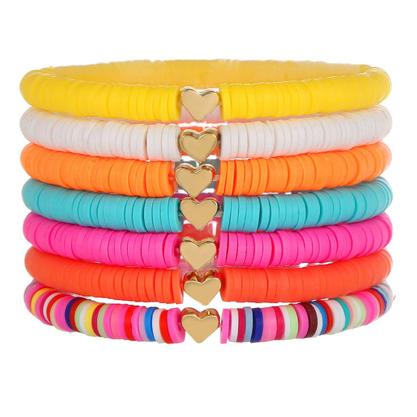 Stacking Bracelet Set Polymer Clay Handmade Geometric Style Colorful Soft Oil Dripping White Smiley Face Bohemian