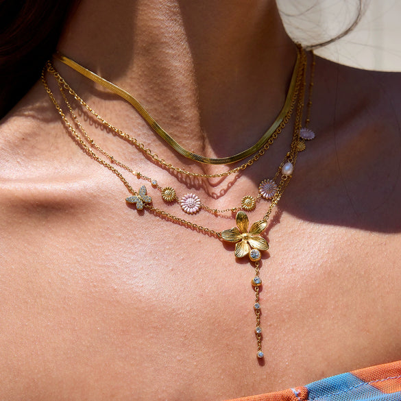 Stacking Style Stainless Steel Flower Yshaped Clavicle Chain Necklace With Electroplating And Zircon
