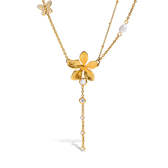 Stacking Style Stainless Steel Flower Yshaped Clavicle Chain Necklace With Electroplating And Zircon