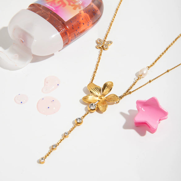 Stacking Style Stainless Steel Flower Yshaped Clavicle Chain Necklace With Electroplating And Zircon