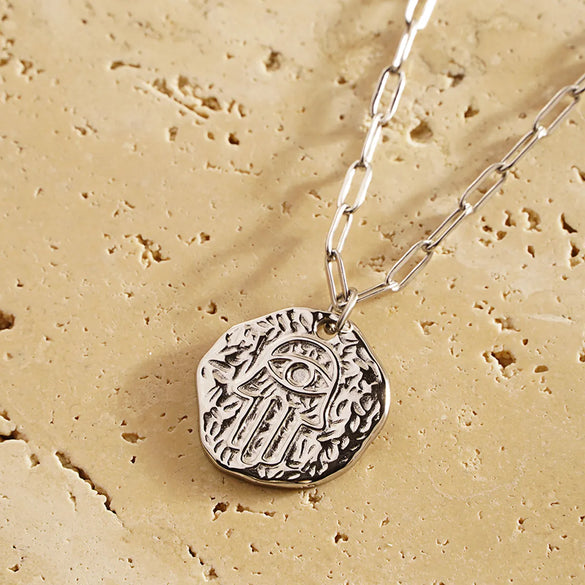 Stainless Steel 18K Gold Plated Vintage Style Hand Of Fatima Plating Pendant Necklace