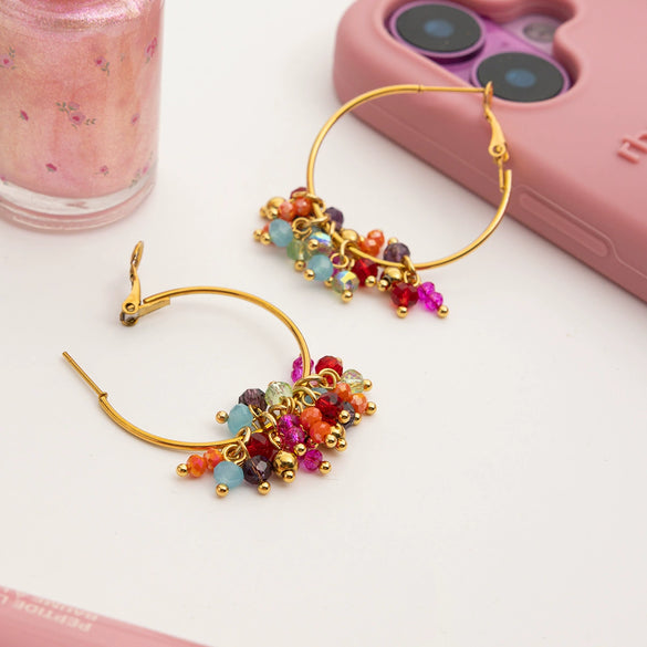 Stainless Steel And Colored Glass Beads Pendant Tassel Earrings With Geometric Pattern And Electroplating Design