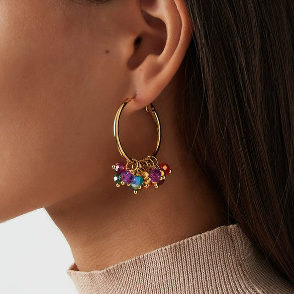 Stainless Steel And Colored Glass Beads Pendant Tassel Earrings With Geometric Pattern And Electroplating Design
