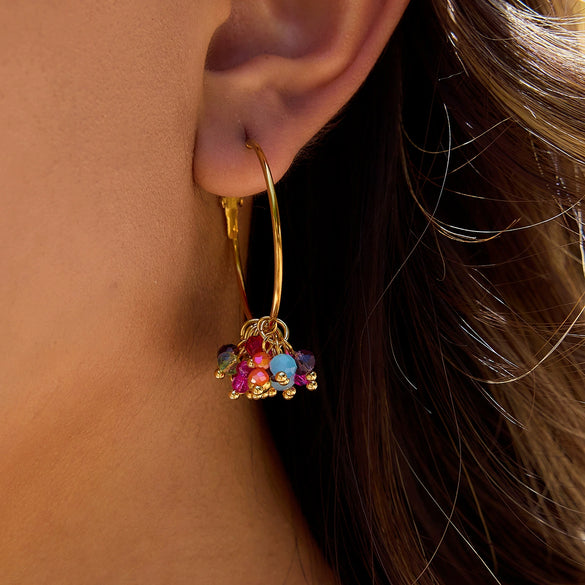 Stainless Steel And Colored Glass Beads Pendant Tassel Earrings With Geometric Pattern And Electroplating Design