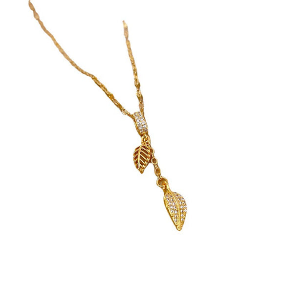 Stainless Steel And Copper Cartoon Natural Geometric Tassel Leaf Zircon Clavicle Necklace