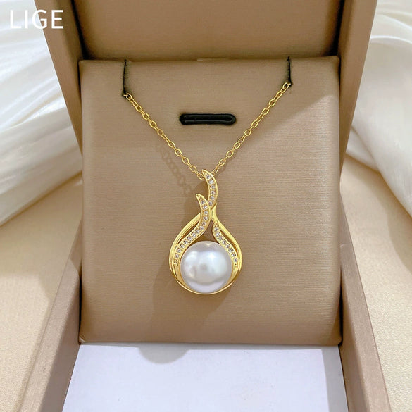 Stainless Steel And Copper Fishtail Pearl Animal Zodiac Cartoon Style Full Diamond Necklace For Women