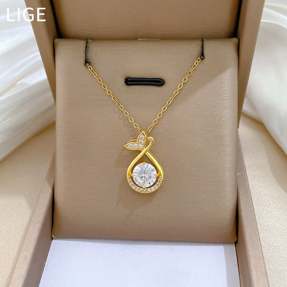 Stainless Steel And Copper Fishtail Water Drops Animal Zodiac Cartoon Style Full Diamond Women's Necklace