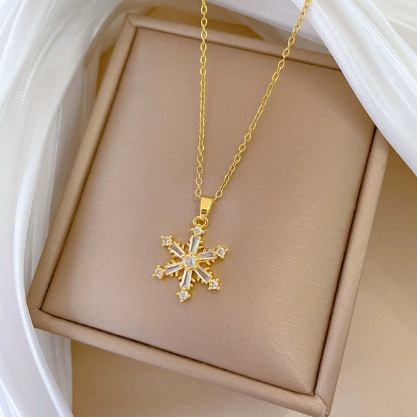 Stainless Steel And Copper Geometric And Snowflakes Patterned Unisex Full Diamond Necklace