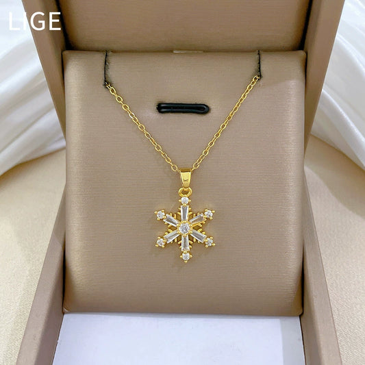 Stainless Steel And Copper Geometric And Snowflakes Patterned Unisex Full Diamond Necklace
