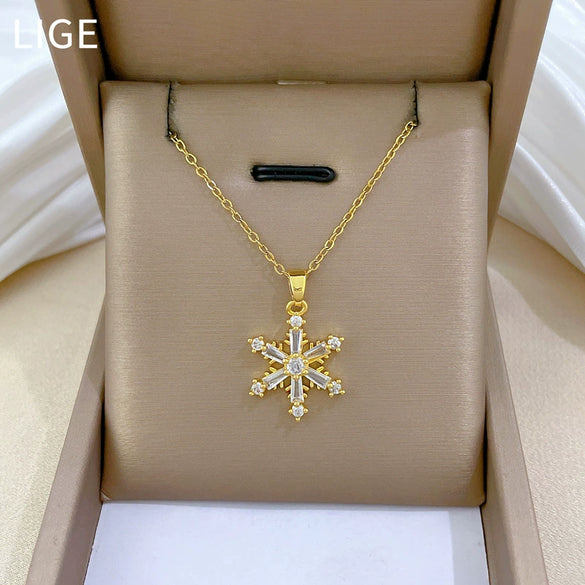 Stainless Steel And Copper Geometric And Snowflakes Patterned Unisex Full Diamond Necklace