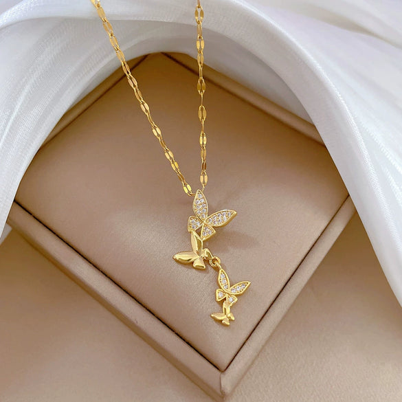 Stainless Steel And Copper Geometric Butterfly Tassel Light Luxury Elegant Gorgeous Diamond Unisex Necklace