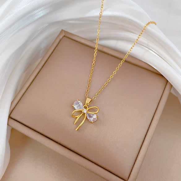 Stainless Steel And Copper Hollow Bow Geometric Light Luxury Style Full Diamond Necklace For Women