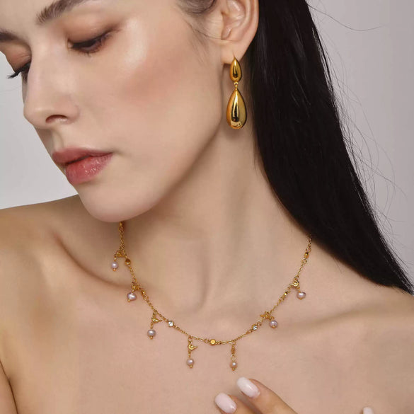 Stainless Steel And Freshwater Pearl Jewelry Set With Double Water Drop Pendant Earrings And Necklace Minimalist Geometric Style Electroplated