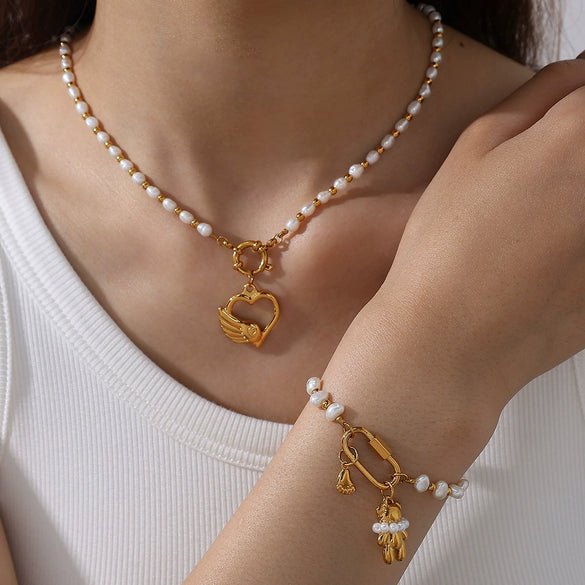Stainless Steel And Freshwater Pearl Love Pendant Bracelet And Necklace 316L Stainless Steel Electroplating Fashion Style Women's