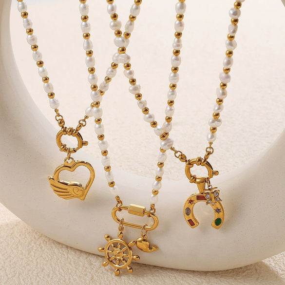 Stainless Steel And Freshwater Pearl Love Pendant Bracelet And Necklace 316L Stainless Steel Electroplating Fashion Style Women's