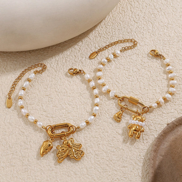 Stainless Steel And Freshwater Pearl Love Pendant Bracelet And Necklace 316L Stainless Steel Electroplating Fashion Style Women's