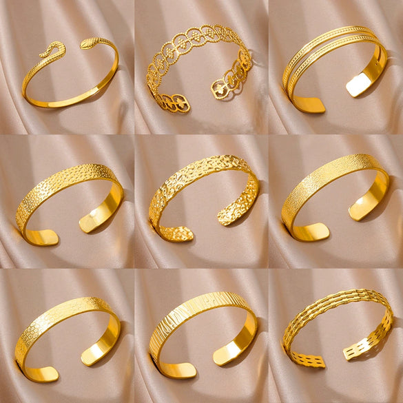 Stainless Steel And Gold Casual Open Beating Pattern Asymmetrical Snakeshaped Women's Bracelet With Electroplating