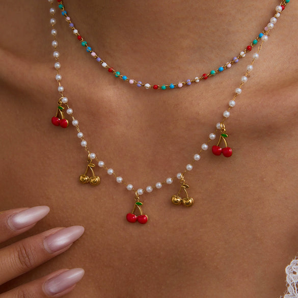 Stainless Steel And Pearl Necklace Titanium Steel Colorfree Light Luxury Cherry Design Clavicle Chain Electroplating