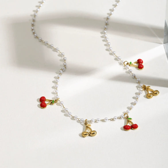 Stainless Steel And Pearl Necklace Titanium Steel Colorfree Light Luxury Cherry Design Clavicle Chain Electroplating