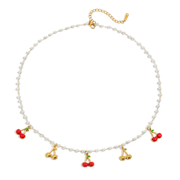 Stainless Steel And Pearl Necklace Titanium Steel Colorfree Light Luxury Cherry Design Clavicle Chain Electroplating