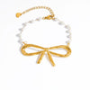 Stainless Steel And Pearl Women's Fashion Clavicle Chain And Bracelet Set With French Bow And Butterfly Design Electroplated