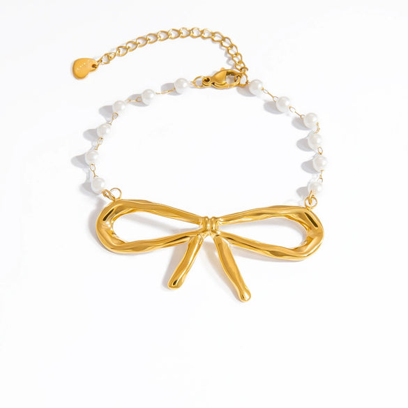 Stainless Steel And Pearl Women's Fashion Clavicle Chain And Bracelet Set With French Bow And Butterfly Design Electroplated