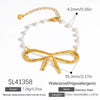 Stainless Steel And Pearl Women's Fashion Clavicle Chain And Bracelet Set With French Bow And Butterfly Design Electroplated