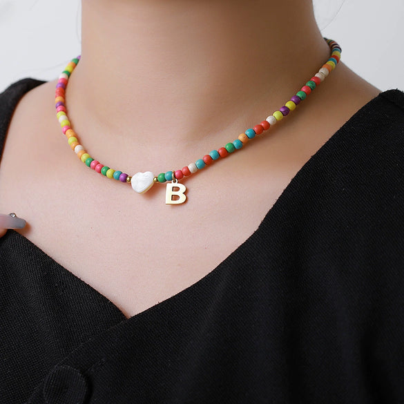 Stainless Steel And Pine Stone Letter Necklace Handmade O Word Chain