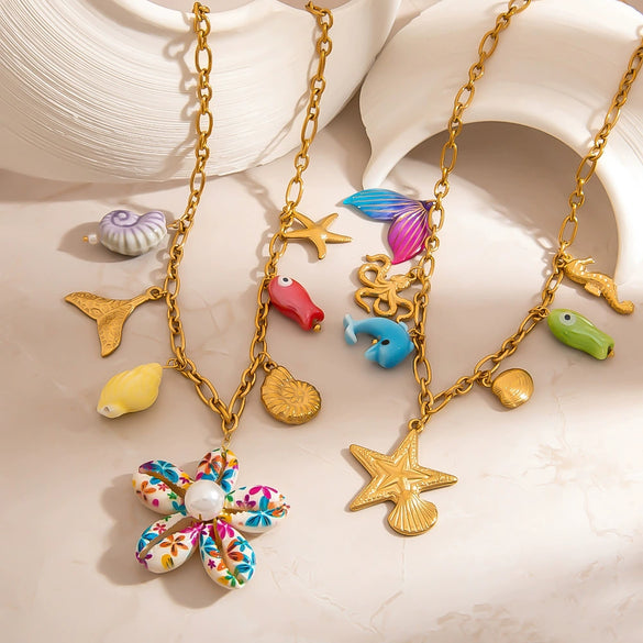 Stainless Steel And Titanium Steel Animal And Zodiac Pattern Ocean Style Flower Pendant Necklace With O Word Chain Electroplated For Women