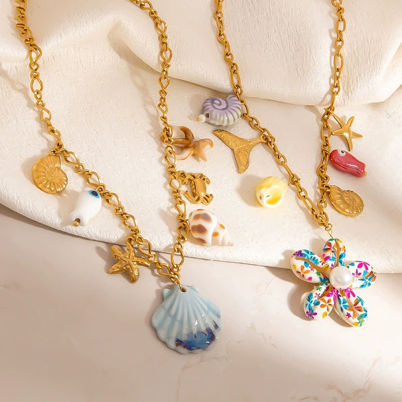 Stainless Steel And Titanium Steel Animal And Zodiac Pattern Ocean Style Flower Pendant Necklace With O Word Chain Electroplated For Women