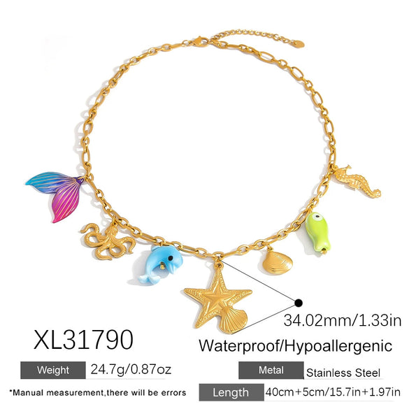 Stainless Steel And Titanium Steel Animal And Zodiac Pattern Ocean Style Flower Pendant Necklace With O Word Chain Electroplated For Women