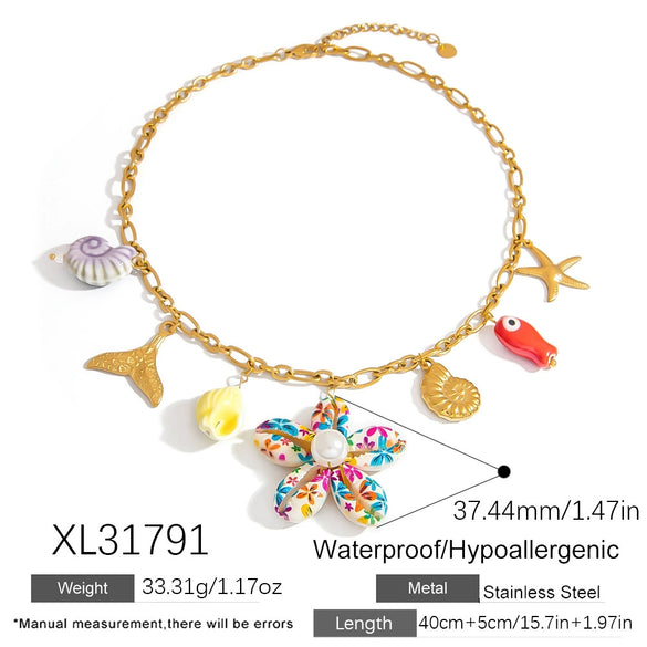 Stainless Steel And Titanium Steel Animal And Zodiac Pattern Ocean Style Flower Pendant Necklace With O Word Chain Electroplated For Women
