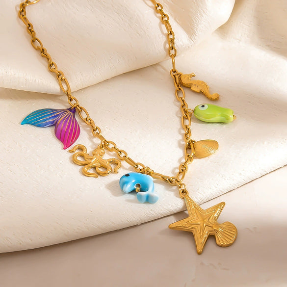 Stainless Steel And Titanium Steel Animal And Zodiac Pattern Ocean Style Flower Pendant Necklace With O Word Chain Electroplated For Women