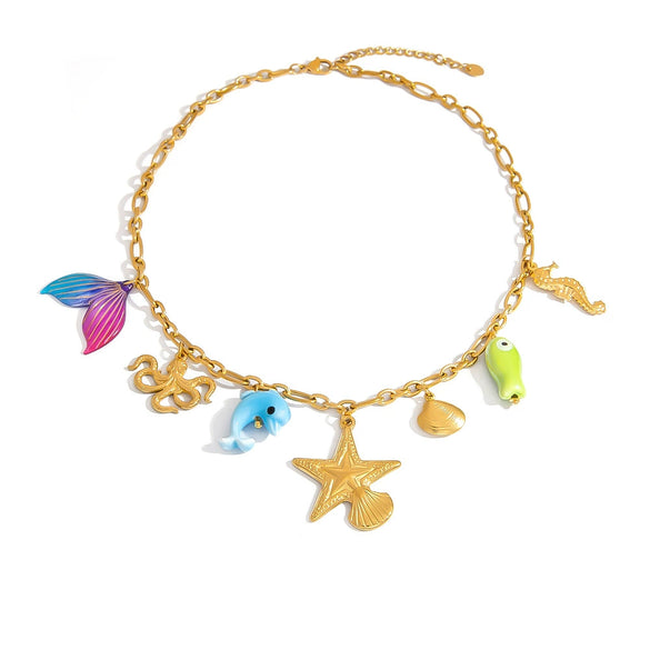 Stainless Steel And Titanium Steel Animal And Zodiac Pattern Ocean Style Flower Pendant Necklace With O Word Chain Electroplated For Women