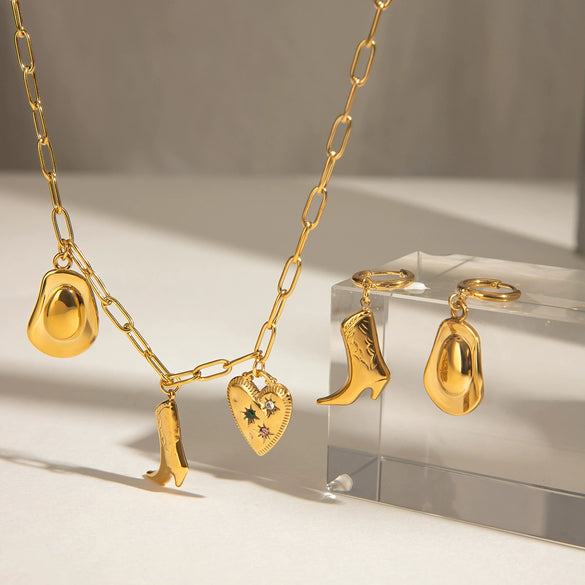 Stainless Steel And Titanium Steel Boots And Cowboy Hat Pendant Necklace And Earrings With Electroplating Women's Style