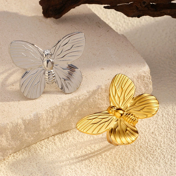 Stainless Steel And Titanium Steel Butterfly Open Ring Jewelry With Polished Electroplating For Women