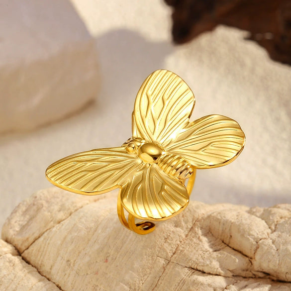 Stainless Steel And Titanium Steel Butterfly Open Ring Jewelry With Polished Electroplating For Women