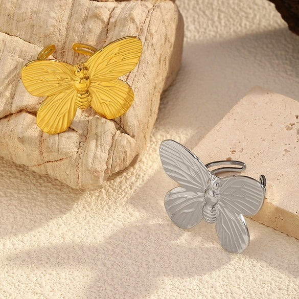 Stainless Steel And Titanium Steel Butterfly Open Ring Jewelry With Polished Electroplating For Women