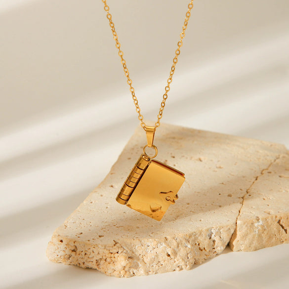 Stainless Steel And Titanium Steel Couple Book Pendant Necklace With Geometric Pattern Electroplated For Women
