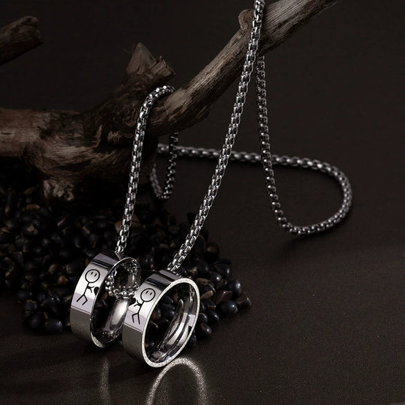 Stainless Steel And Titanium Steel Couple Ring Necklace With Stickman Cartoon Character Pearl Chain Seiko Design