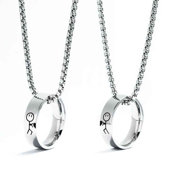 Stainless Steel And Titanium Steel Couple Ring Necklace With Stickman Cartoon Character Pearl Chain Seiko Design