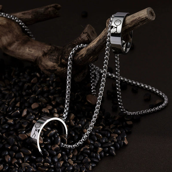 Stainless Steel And Titanium Steel Couple Ring Necklace With Stickman Cartoon Character Pearl Chain Seiko Design