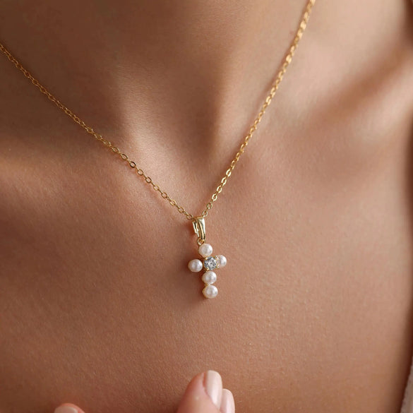 Stainless Steel And Titanium Steel Cross Necklace With Natural Baroque Specialshaped Pearl Set With Zircon Diamonds And Letters Numbers Text Pattern