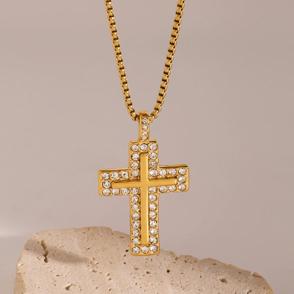 Stainless Steel And Titanium Steel Cross Pendant Necklace With Zircon Electroplated Jewelry