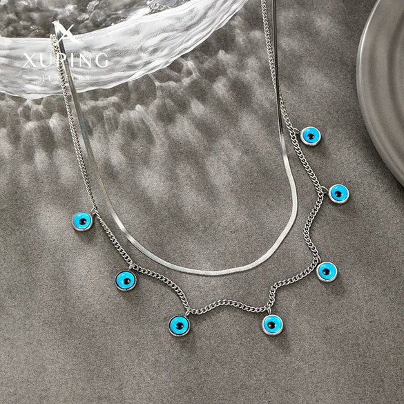 Stainless Steel And Titanium Steel Doublelayer Pendant Necklace For Women With Blue Devil's Eye Design And Electroplating Technique