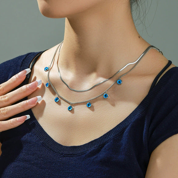 Stainless Steel And Titanium Steel Doublelayer Pendant Necklace For Women With Blue Devil's Eye Design And Electroplating Technique